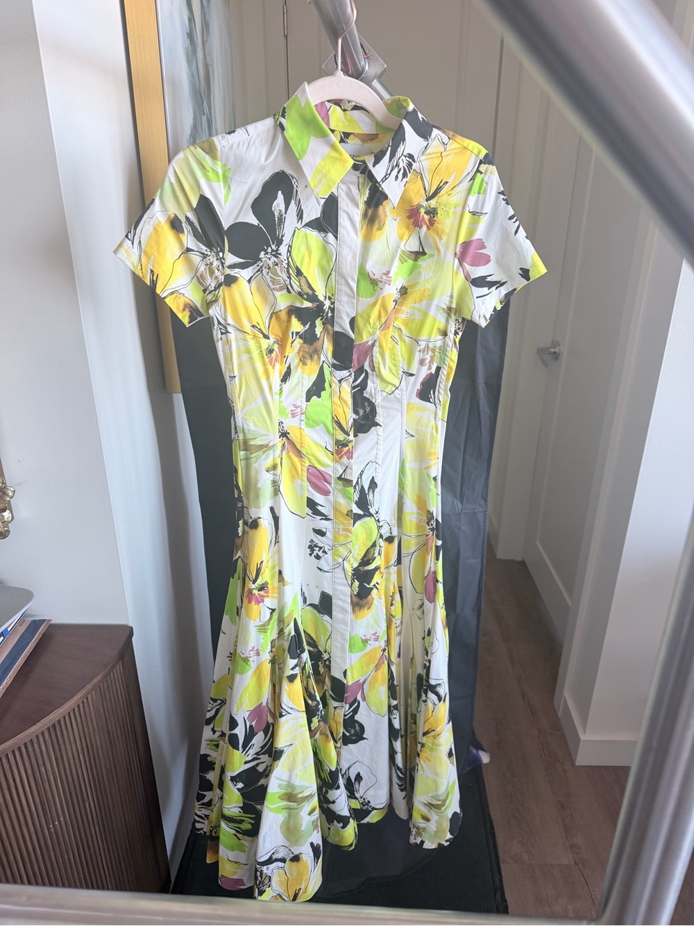 Misa Los Angeles White Floral Midi Shirt Dress with Yellow and Green Accents